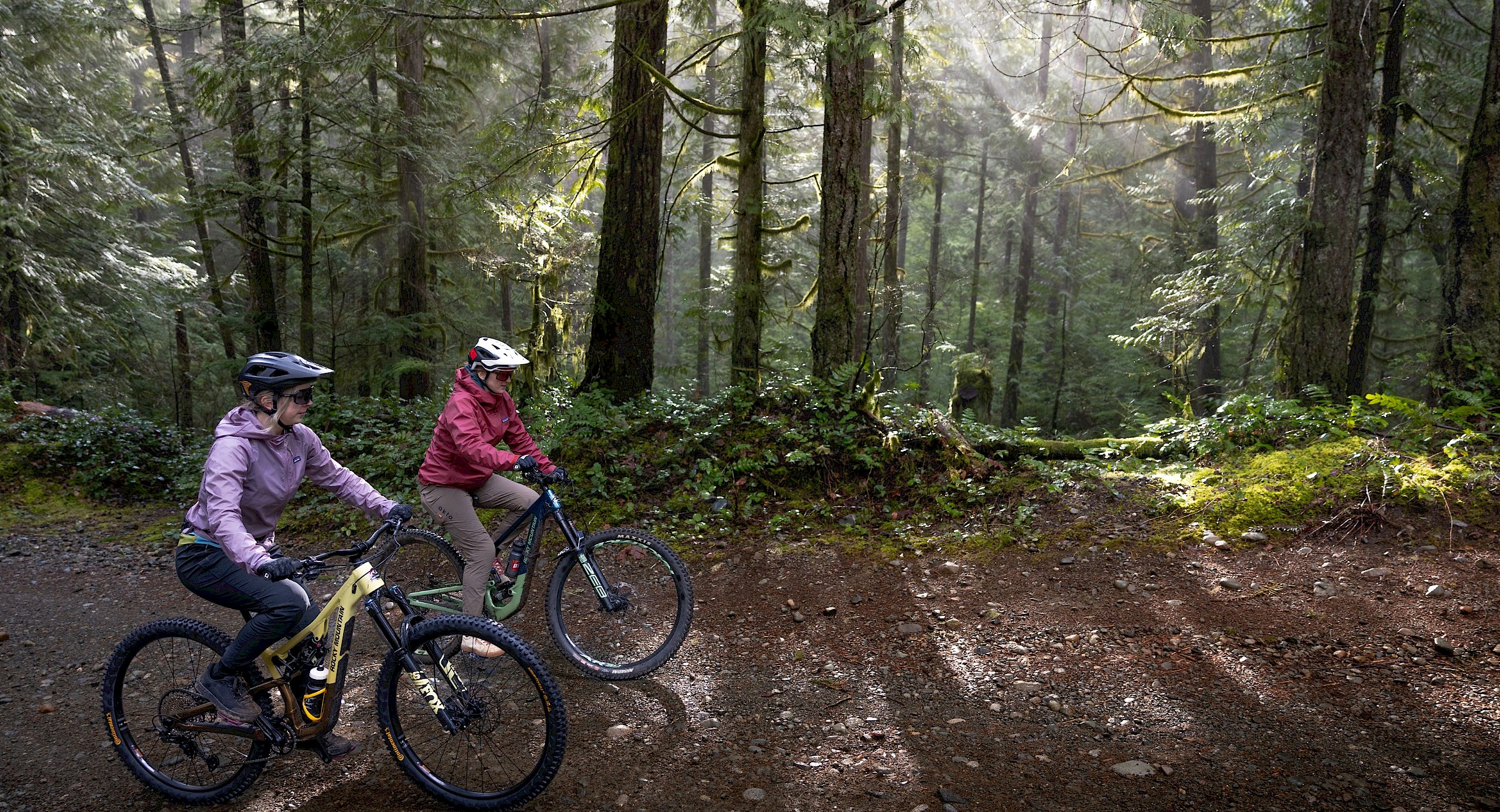 Two people on mountain bikes in the Cumberland Community Forest on Vancouver Island, BC.