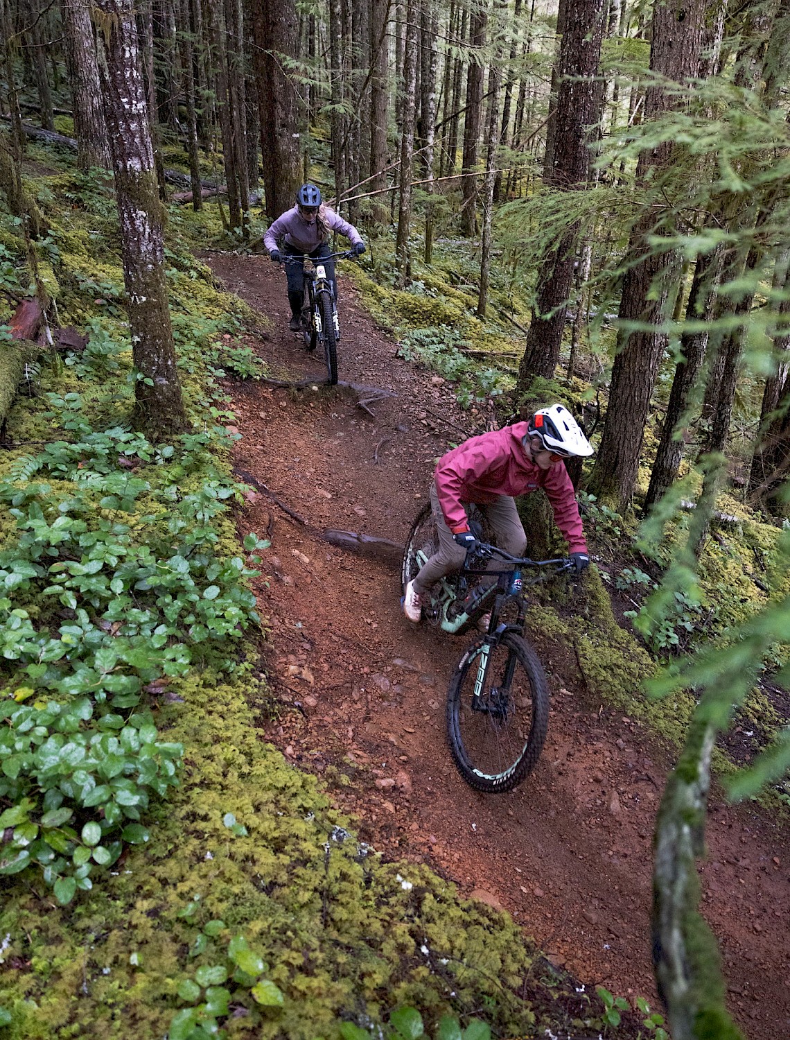 Two people on a downhill single track mountain bike trail in Cumberland, BC.